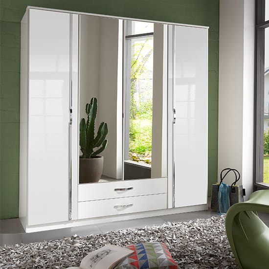 trio wooden large wardrobe high gloss white 2 mirrors