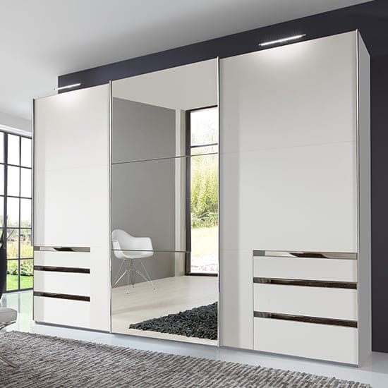 alkesu mirrored sliding 3 doors wardrobe white 6 drawers