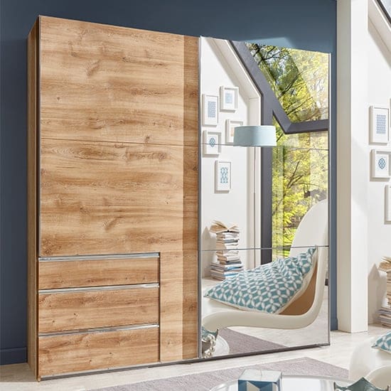 alkesu mirrored sliding door wide wardrobe planked oak