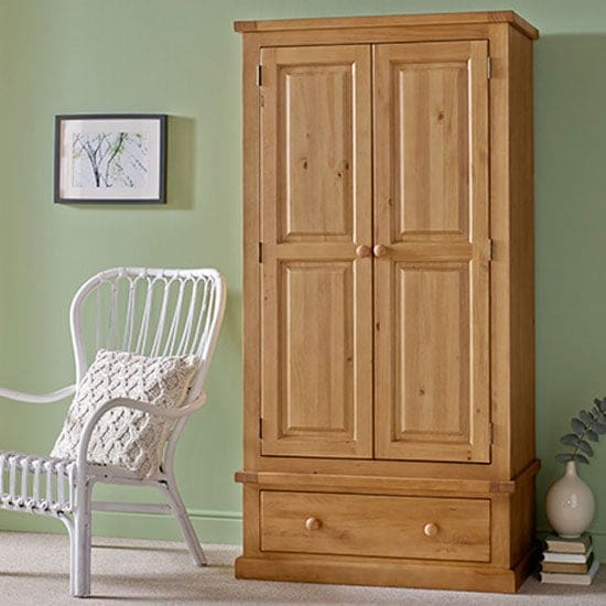 cyprian wooden double door wardrobe chunky pine 1 drawer