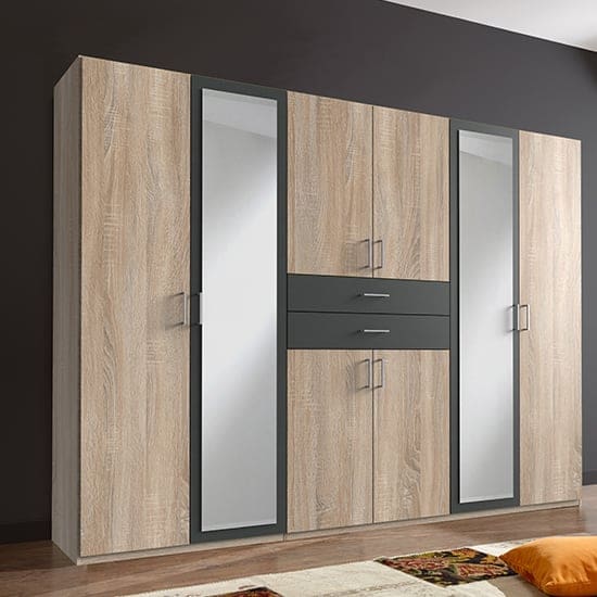 diver mirrored wooden wide wardrobe oak graphite