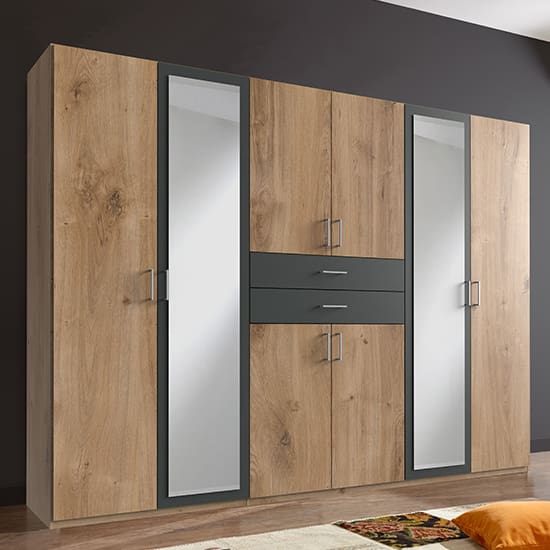 diver mirrored wooden wide wardrobe planked oak graphite