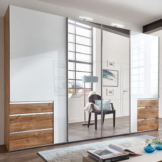 kraz mirrored sliding 4 door wide wardrobe white planked oak