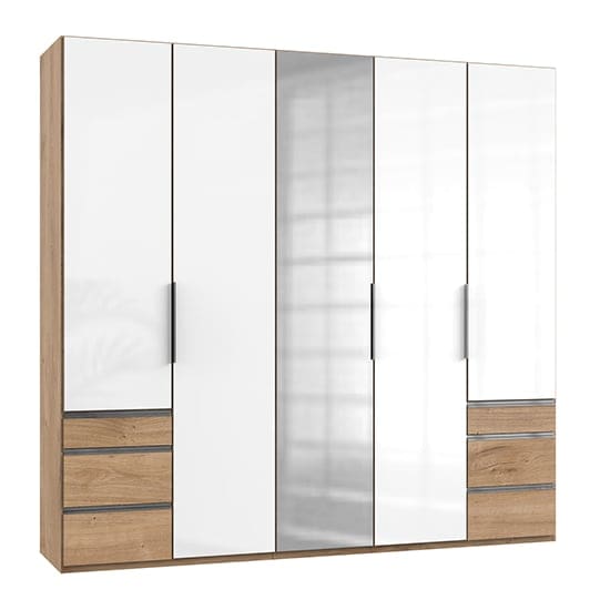 kraza mirrored 5 doors wardrobe white n planked oak