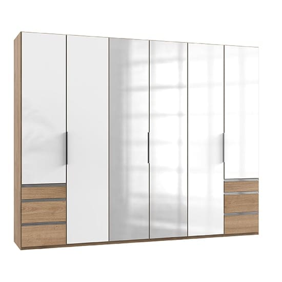 kraza mirrored 6 doors wardrobe white n planked oak