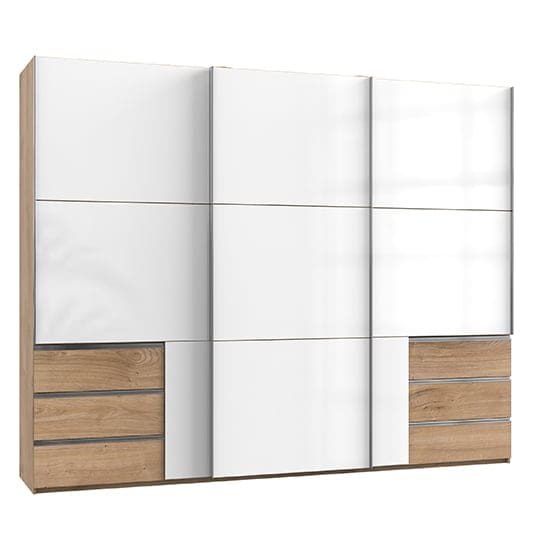 kraza sliding 3 drs wardrobe gloss white planked oak