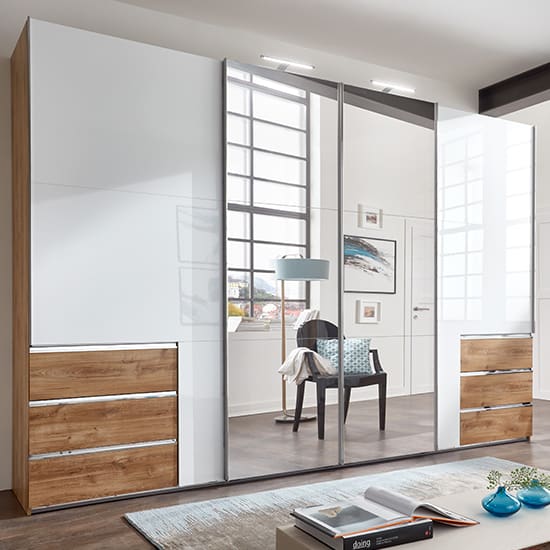 kraza sliding 4 dr mirrored wide wardrobe gloss white oak