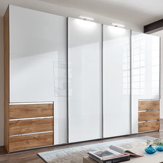 kraza wide sliding 4 drs wardrobe gloss white planked oak