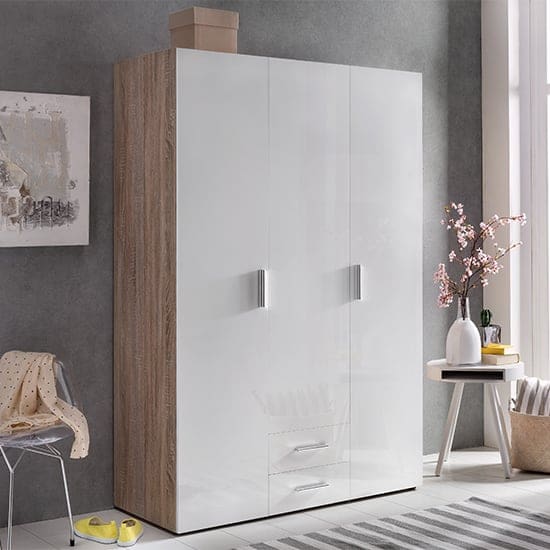 malta wardrobe gloss white and oak 2 drs 2 dws