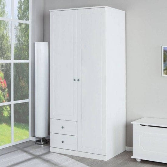 marieka wooden 2 doors wardrobe in white pine 2 drawers