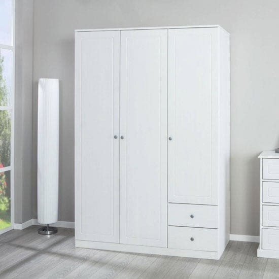 marieka wooden 3 doors wardrobe in white pine 2 drawers