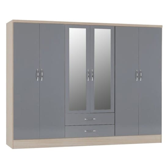 nunky gloss 6 door 2 drawer wardrobe grey light oak