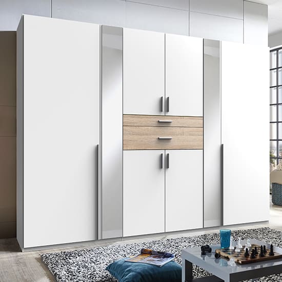 odessa mirrored wooden wide wardrobe white oak