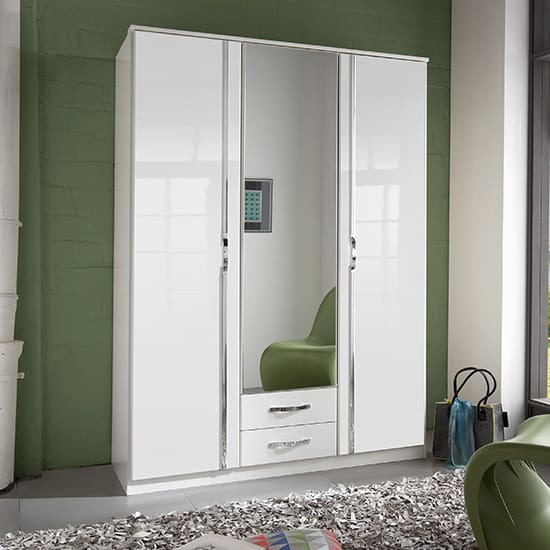 trio wooden wide wardrobe high gloss white 1 mirror