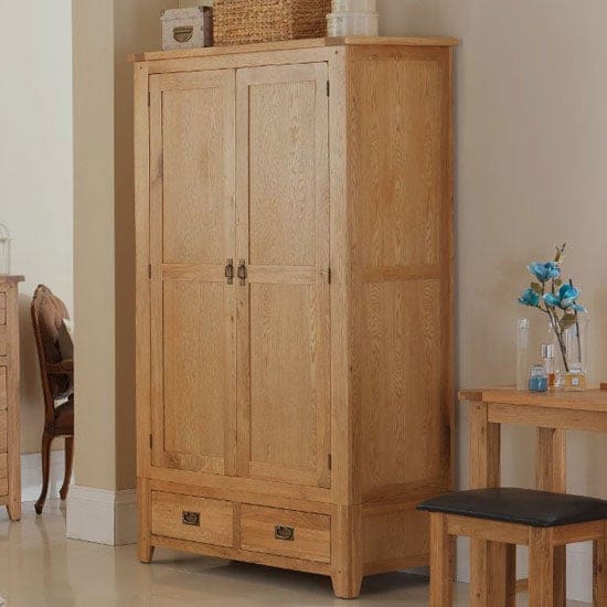 velum double door wardrobe solid chunky oak 2 drawers